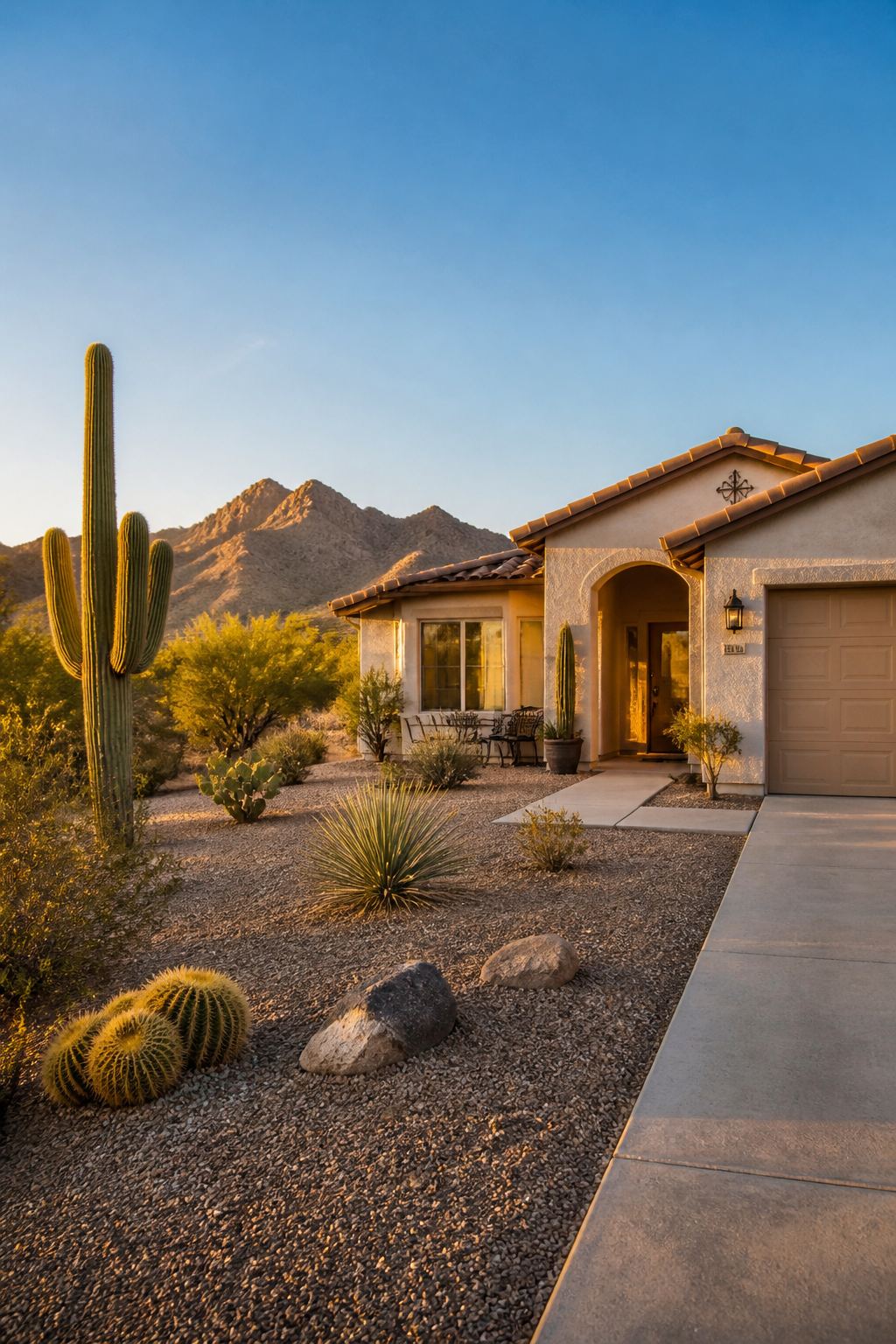 Warm Arizona home at golden hour with desert landscaping