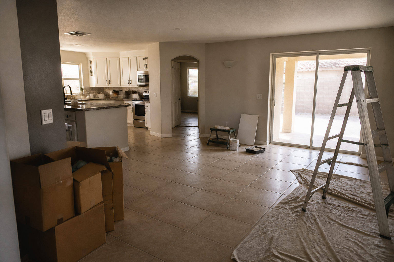 A home mid-renovation with ladders and paint cans before listing